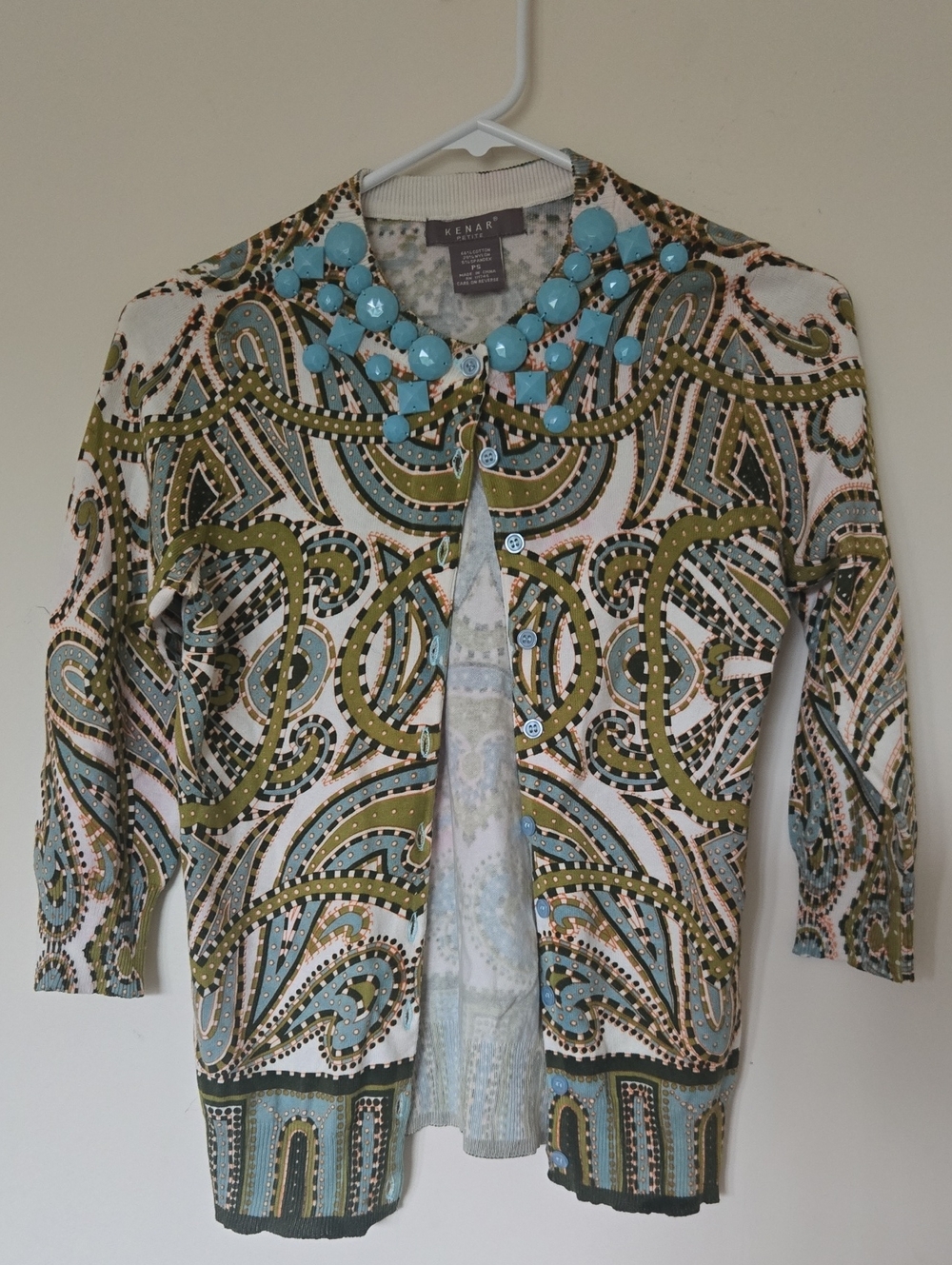 Kenar Olive, Light Blue & White Patterned Cardigan